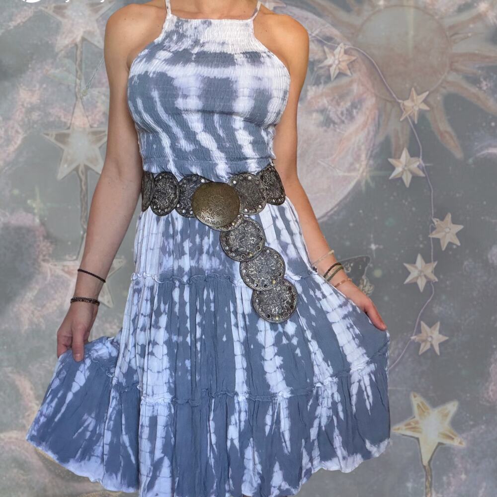 Blue Tie Dye Smocked Midi Dress Fairy Grunge Boho Festival Dress